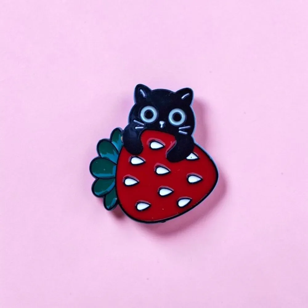 Black Cat Hugging Strawberry Enamel Pin | Cute Kawaii Fruit Kitty Lapel Badge